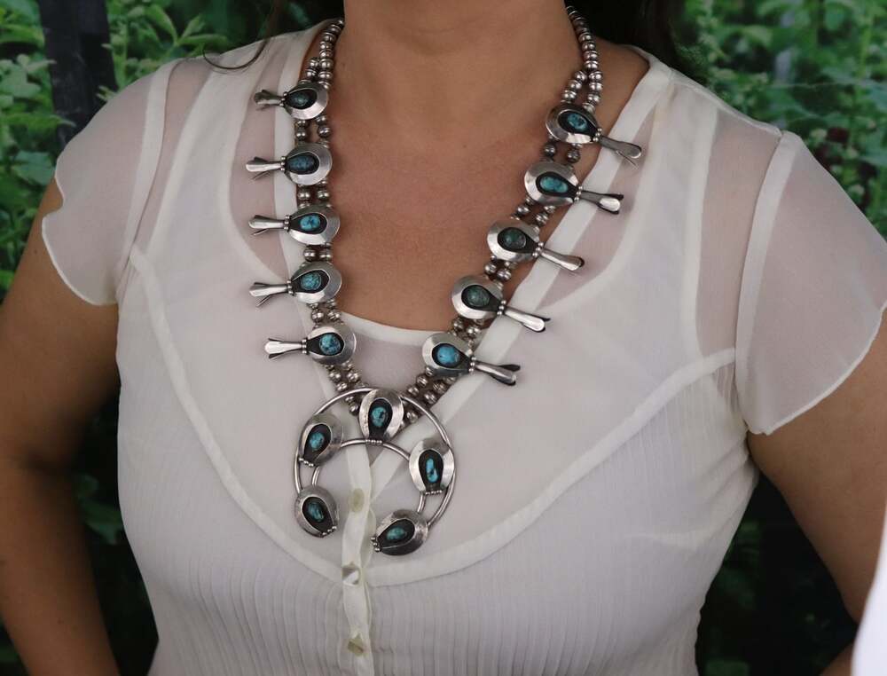 Sterling Silver Natural Turquoise Squash Blossom Necklace 23" inch - Picture 3 of 10